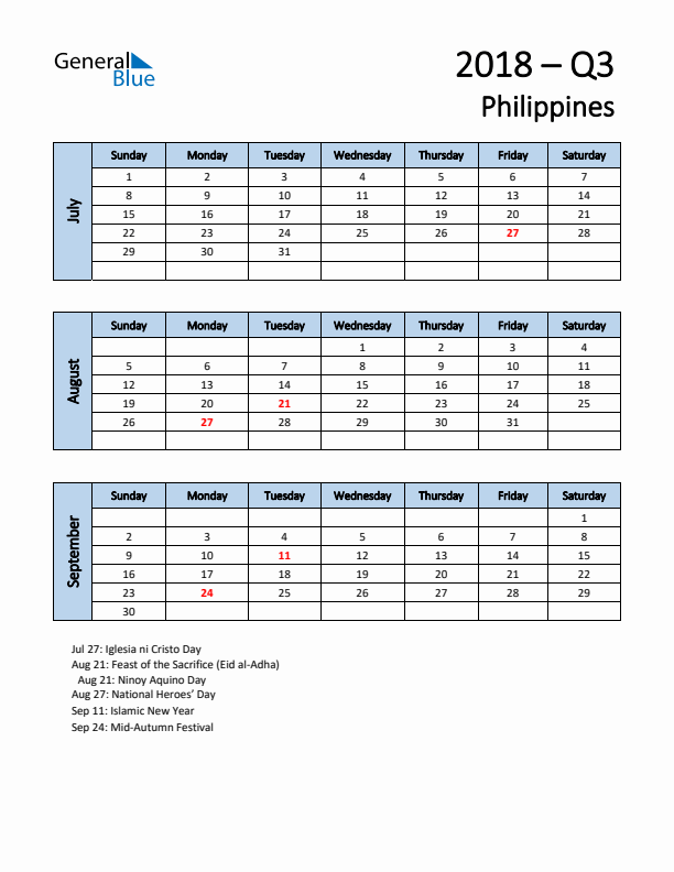 Free Q3 2018 Calendar for Philippines - Sunday Start