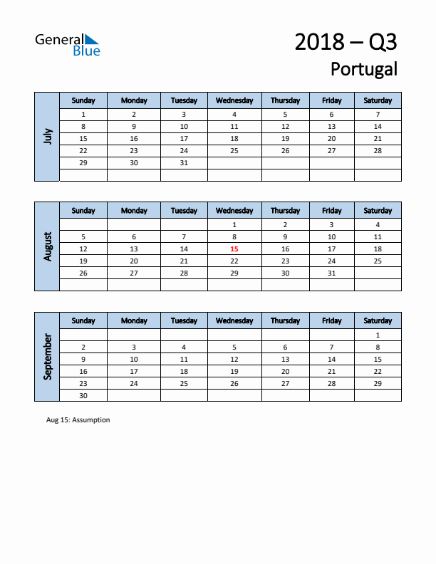 Free Q3 2018 Calendar for Portugal - Sunday Start