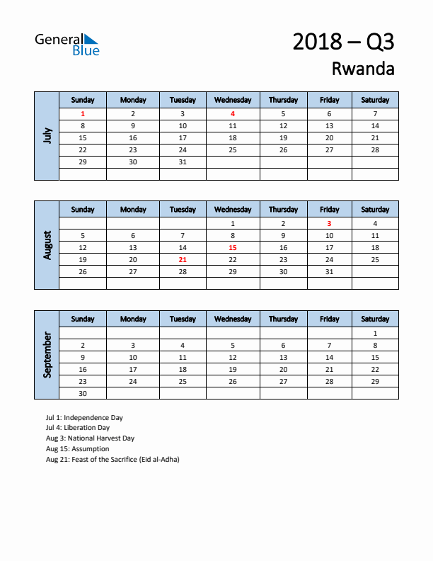 Free Q3 2018 Calendar for Rwanda - Sunday Start
