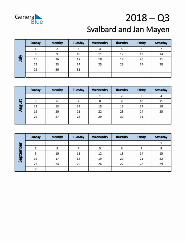 Free Q3 2018 Calendar for Svalbard and Jan Mayen - Sunday Start