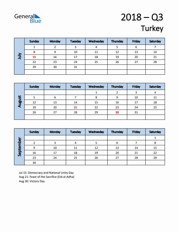 Free Q3 2018 Calendar for Turkey - Sunday Start