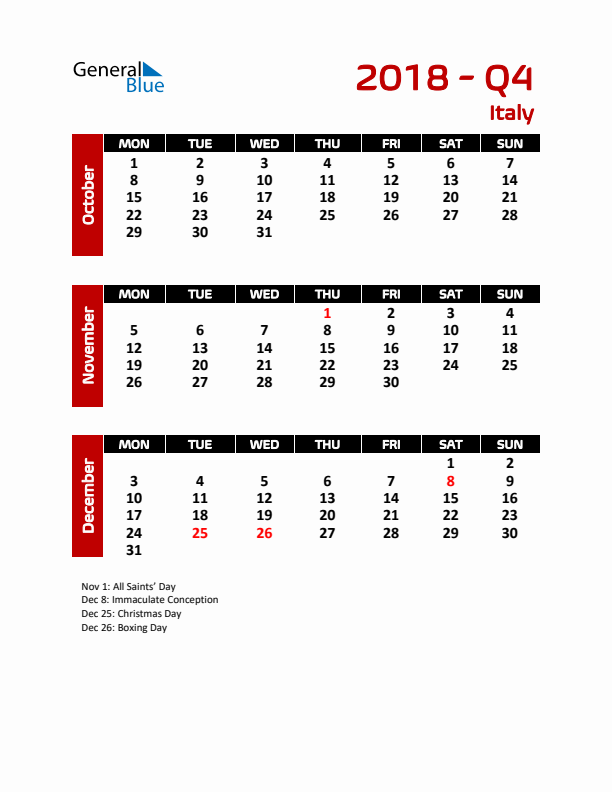 Q4 2018 Calendar with Holidays