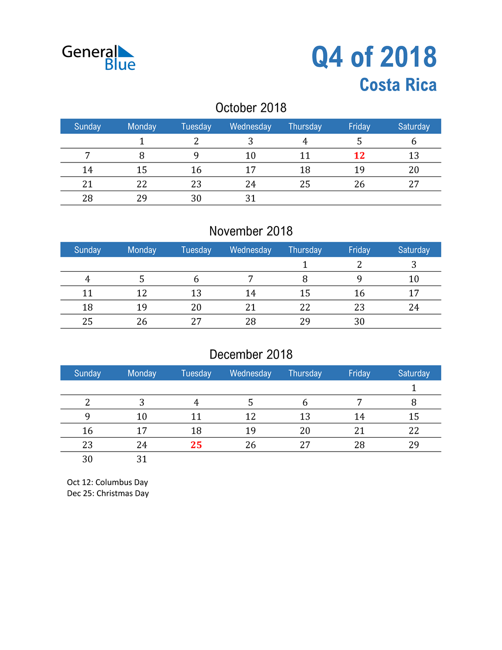  Costa Rica 2018 Quarterly Calendar 