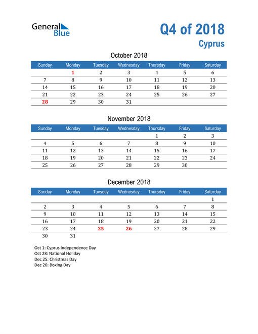  Cyprus 2018 Quarterly Calendar 