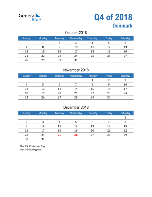  Denmark 2018 Quarterly Calendar 