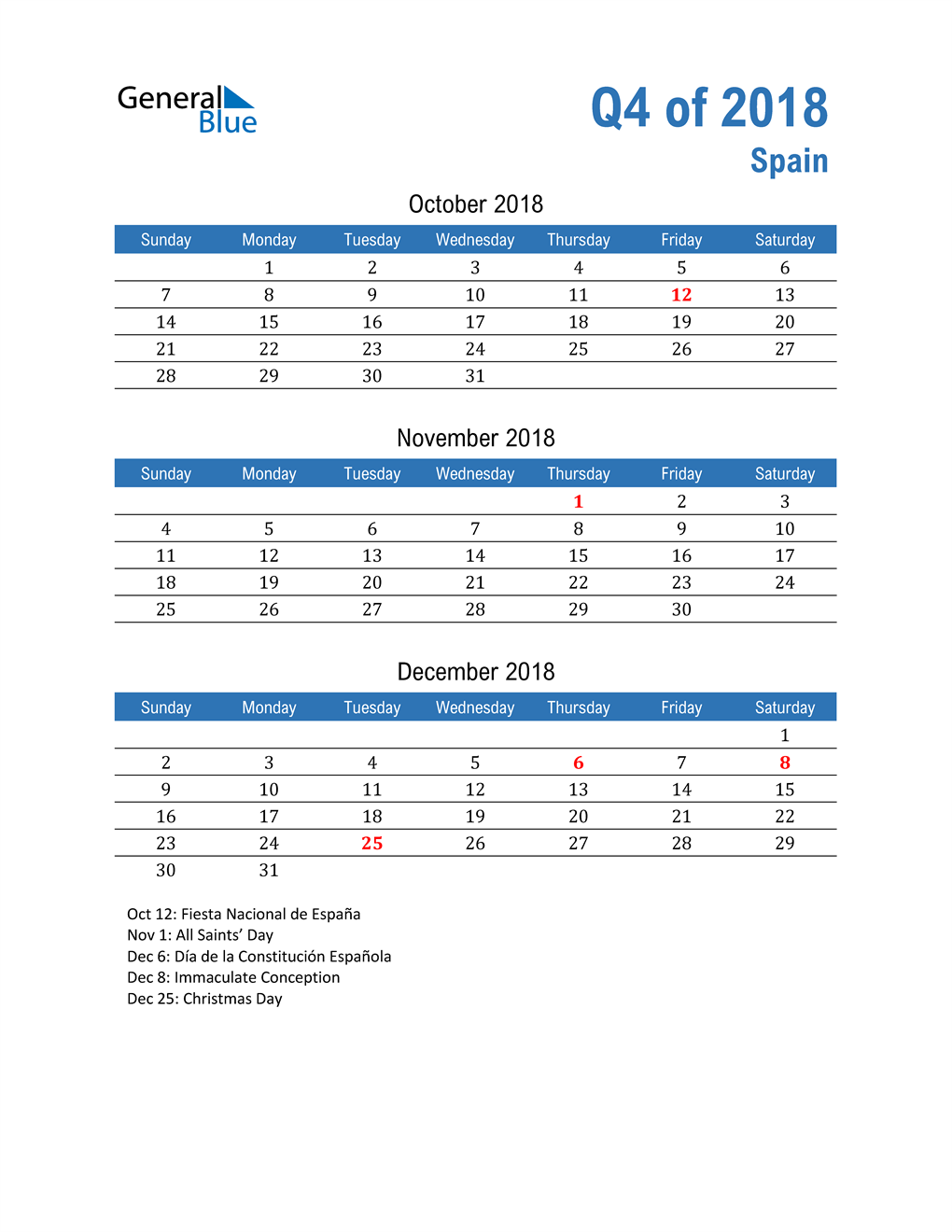  Spain 2018 Quarterly Calendar 