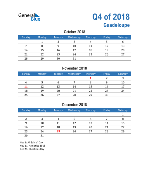  Guadeloupe 2018 Quarterly Calendar 