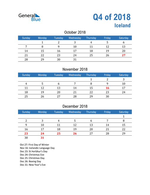  Iceland 2018 Quarterly Calendar 