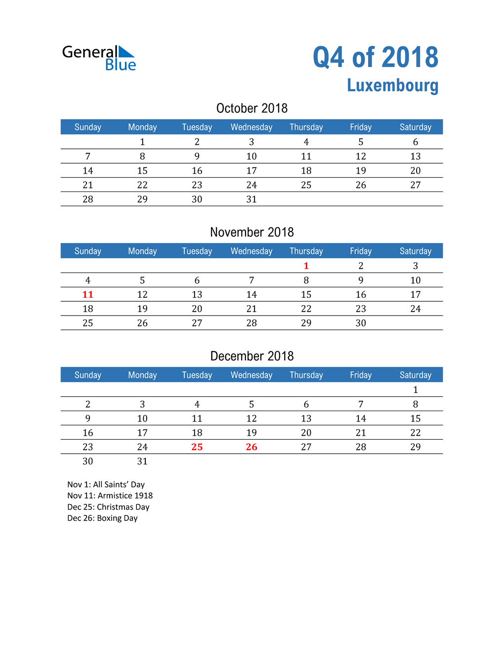  Luxembourg 2018 Quarterly Calendar 