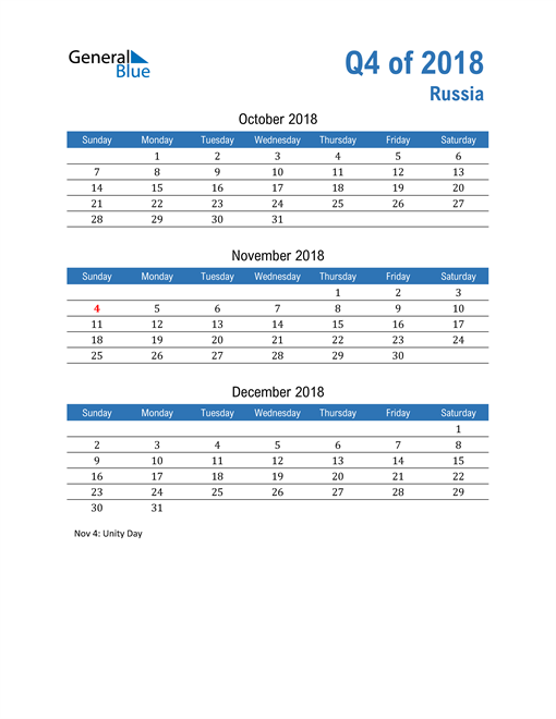  Russia 2018 Quarterly Calendar 