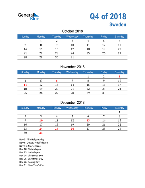  Sweden 2018 Quarterly Calendar 