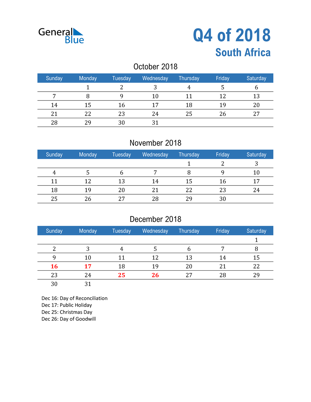  South Africa 2018 Quarterly Calendar 