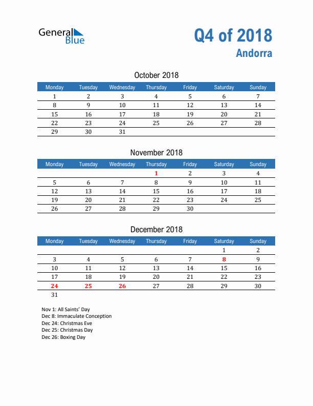 Andorra 2018 Quarterly Calendar with Monday Start