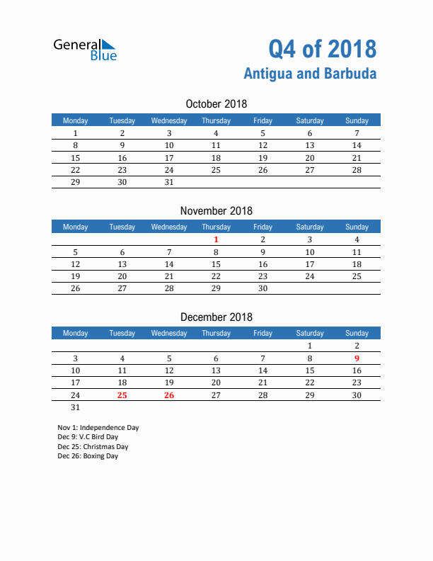Antigua and Barbuda 2018 Quarterly Calendar with Monday Start