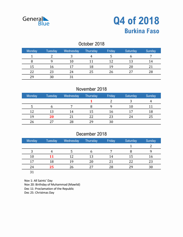 Burkina Faso 2018 Quarterly Calendar with Monday Start