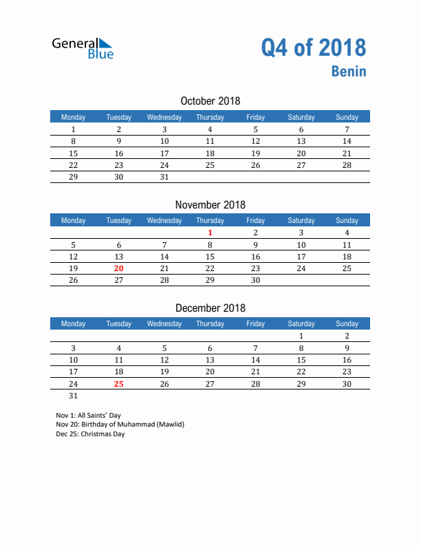 Benin 2018 Quarterly Calendar with Monday Start
