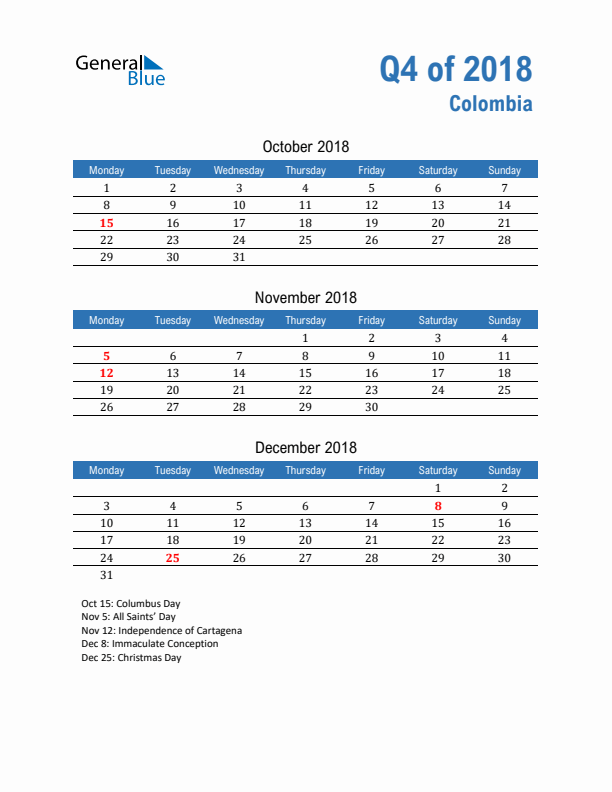 Colombia 2018 Quarterly Calendar with Monday Start