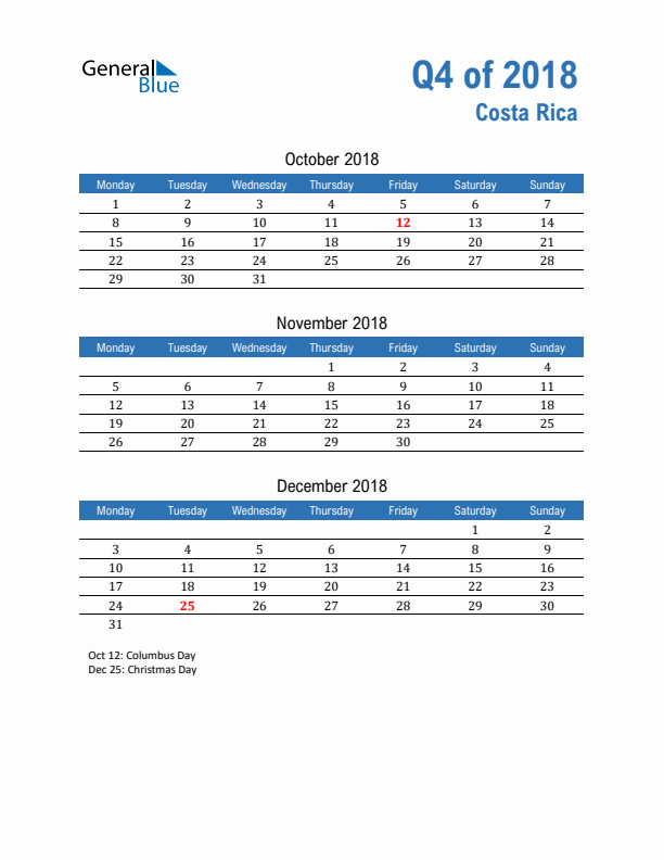 Costa Rica 2018 Quarterly Calendar with Monday Start
