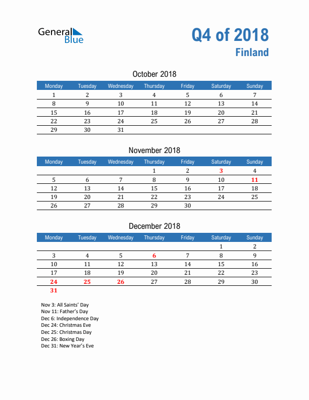 Finland 2018 Quarterly Calendar with Monday Start