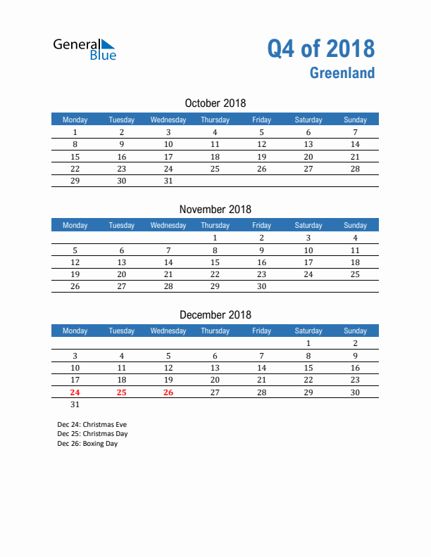 Greenland 2018 Quarterly Calendar with Monday Start