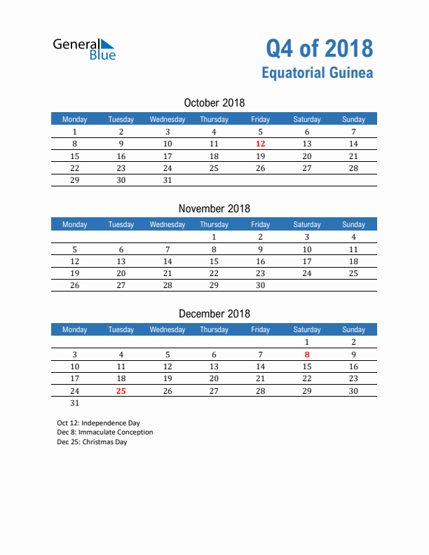 Equatorial Guinea 2018 Quarterly Calendar with Monday Start