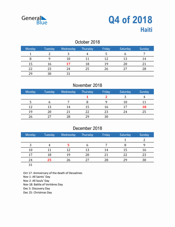 Haiti 2018 Quarterly Calendar with Monday Start