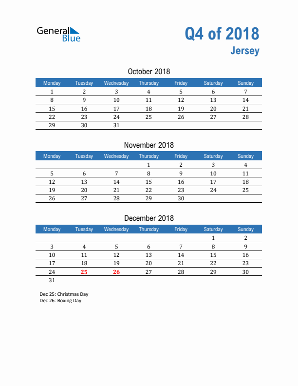 Jersey 2018 Quarterly Calendar with Monday Start