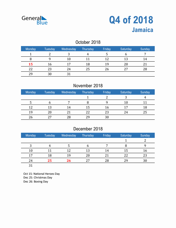 Jamaica 2018 Quarterly Calendar with Monday Start