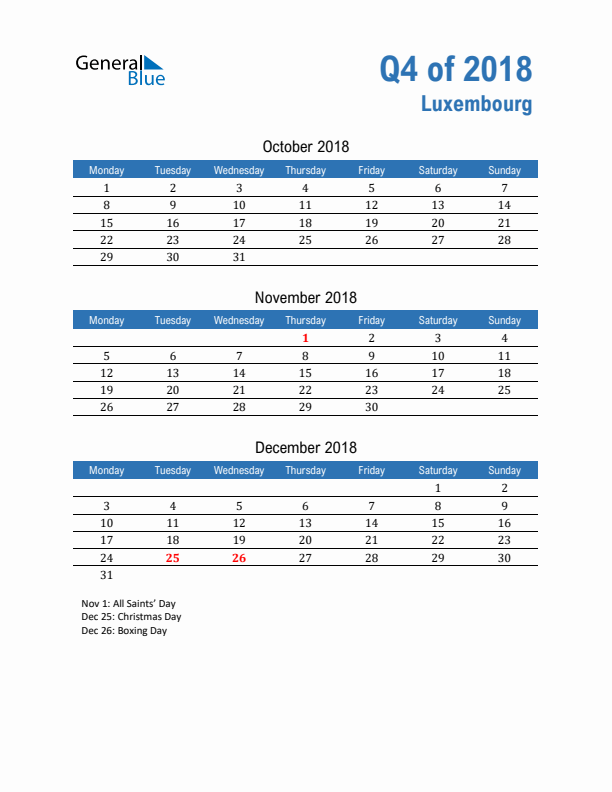 Luxembourg 2018 Quarterly Calendar with Monday Start
