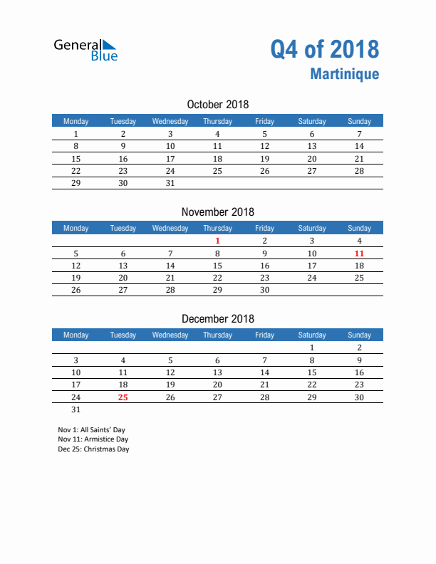 Martinique 2018 Quarterly Calendar with Monday Start