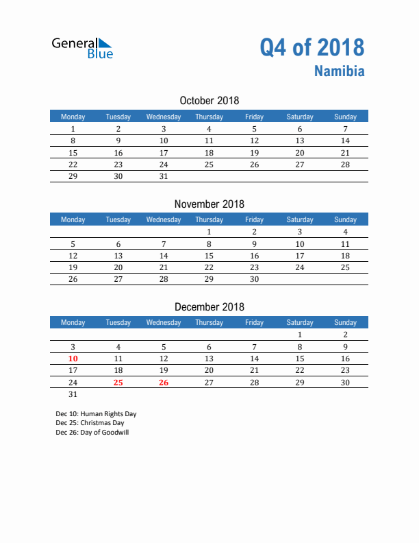 Namibia 2018 Quarterly Calendar with Monday Start