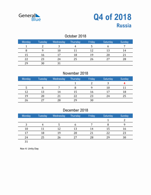 Russia 2018 Quarterly Calendar with Monday Start