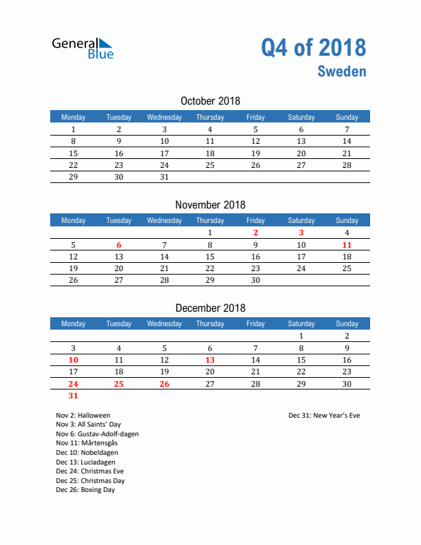 Sweden 2018 Quarterly Calendar with Monday Start