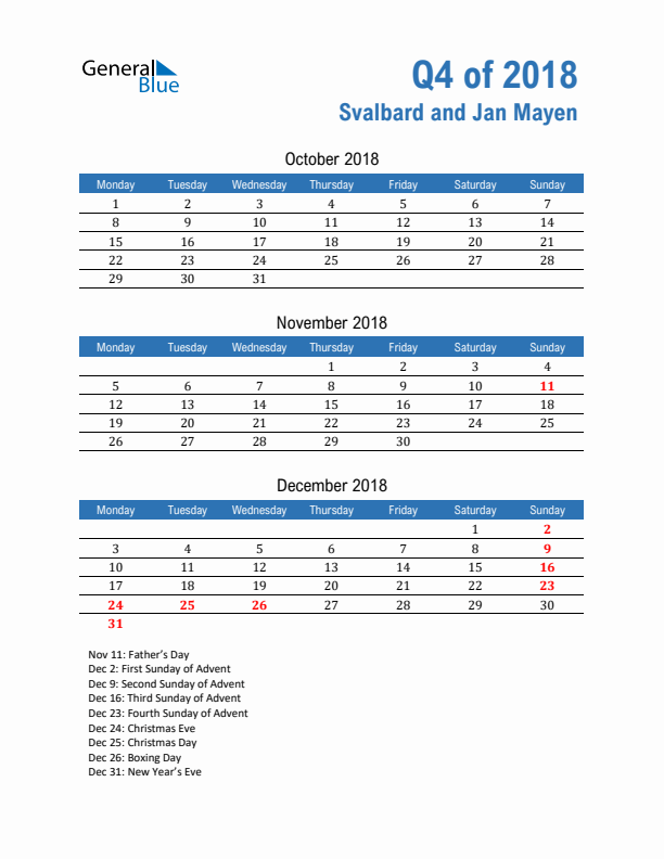 Svalbard and Jan Mayen 2018 Quarterly Calendar with Monday Start