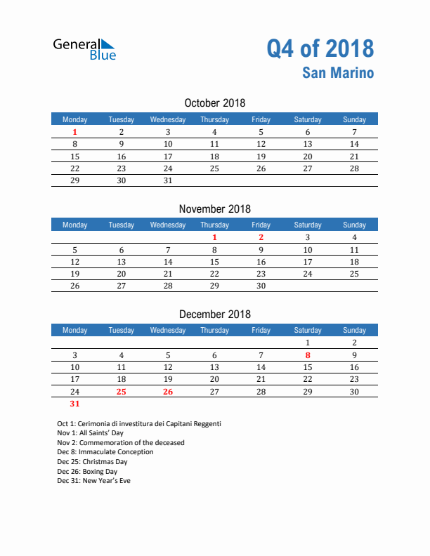 San Marino 2018 Quarterly Calendar with Monday Start