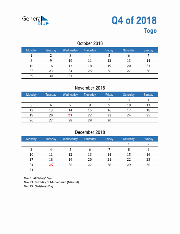 Togo 2018 Quarterly Calendar with Monday Start