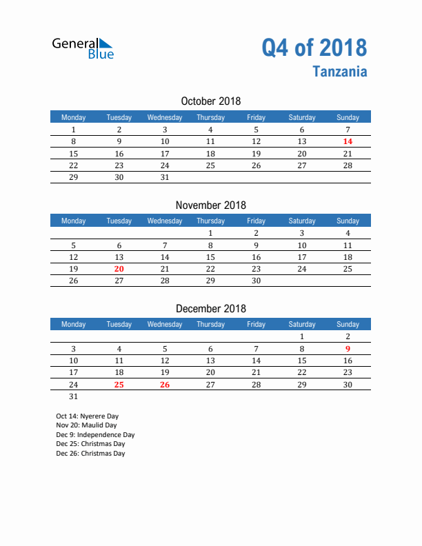 Tanzania 2018 Quarterly Calendar with Monday Start