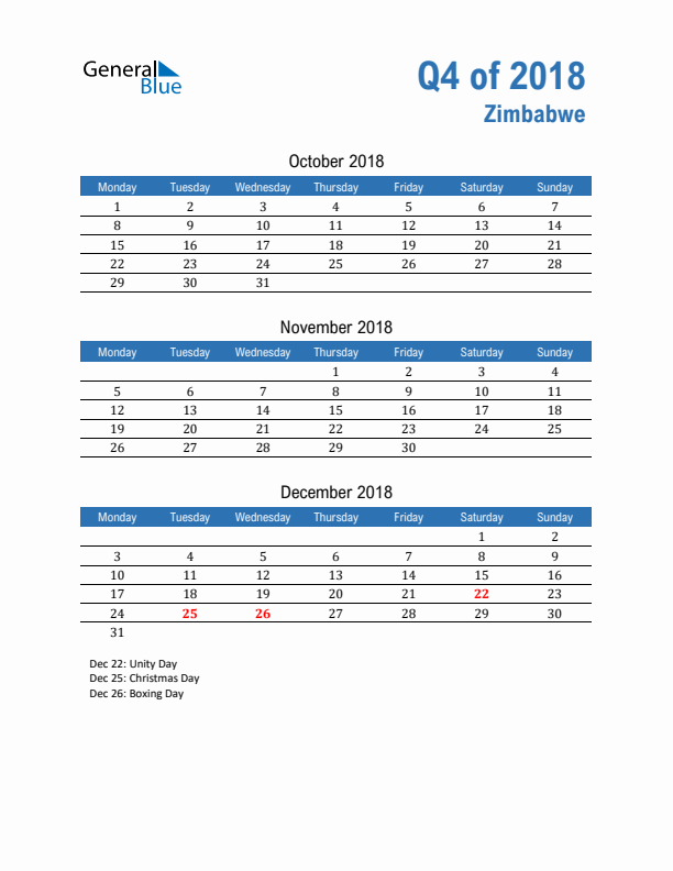 Zimbabwe 2018 Quarterly Calendar with Monday Start