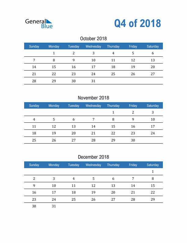Fillable Quarterly Calendar for Q4 2018