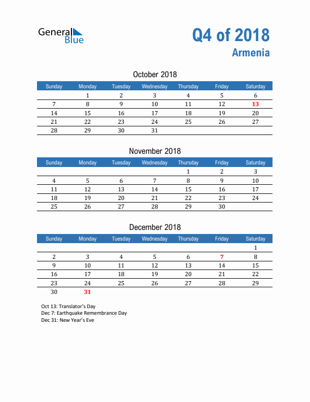 Armenia 2018 Quarterly Calendar with Sunday Start