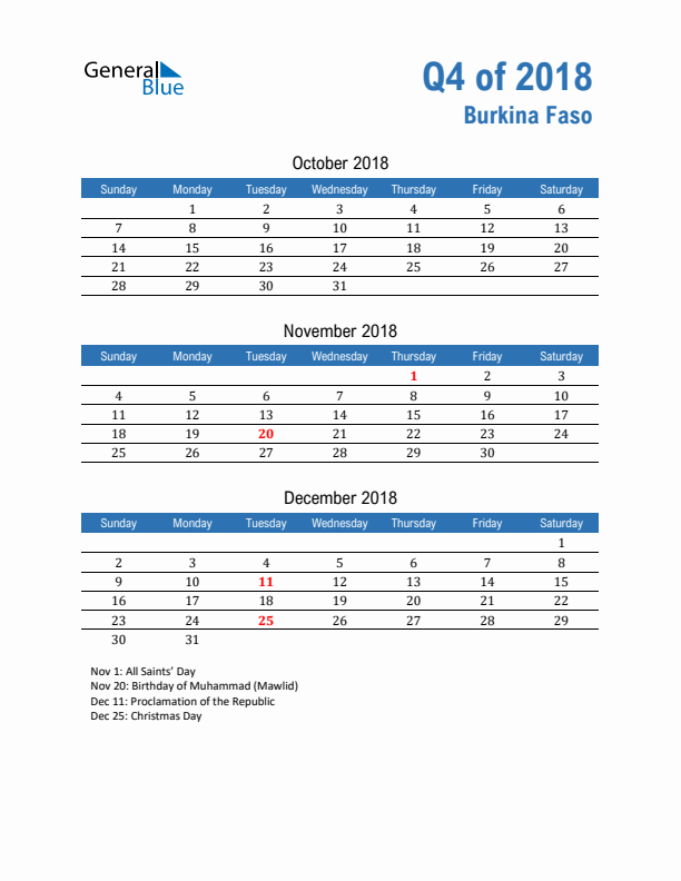Burkina Faso 2018 Quarterly Calendar with Sunday Start
