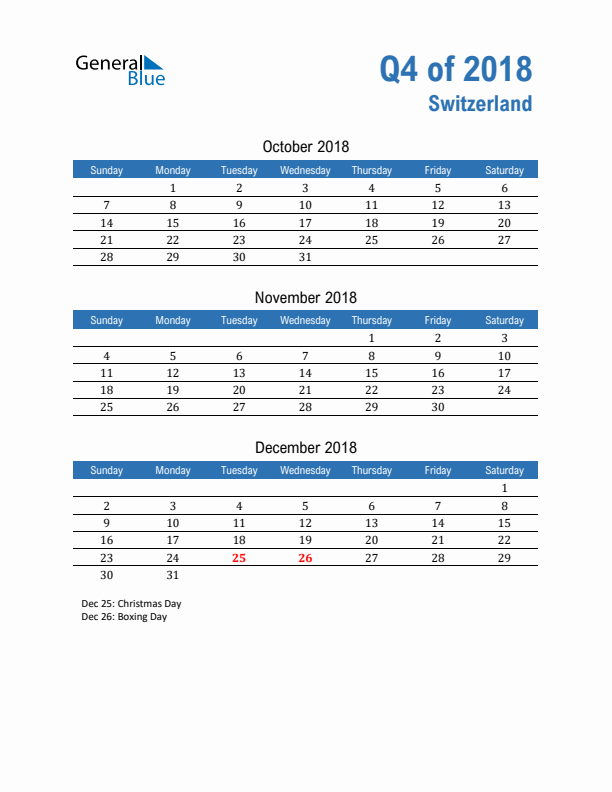 Switzerland 2018 Quarterly Calendar with Sunday Start
