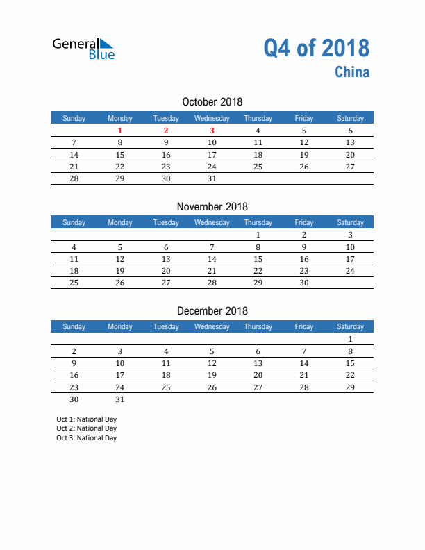 China 2018 Quarterly Calendar with Sunday Start