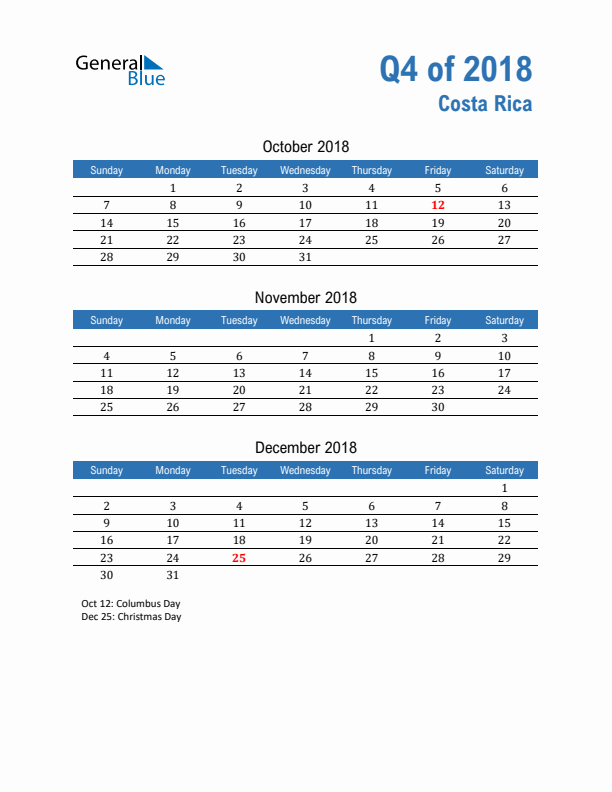Costa Rica 2018 Quarterly Calendar with Sunday Start