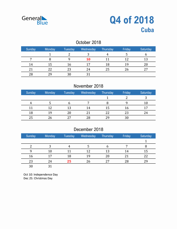 Cuba 2018 Quarterly Calendar with Sunday Start