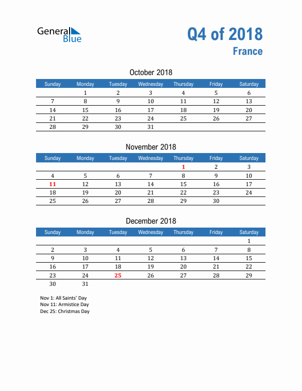France 2018 Quarterly Calendar with Sunday Start