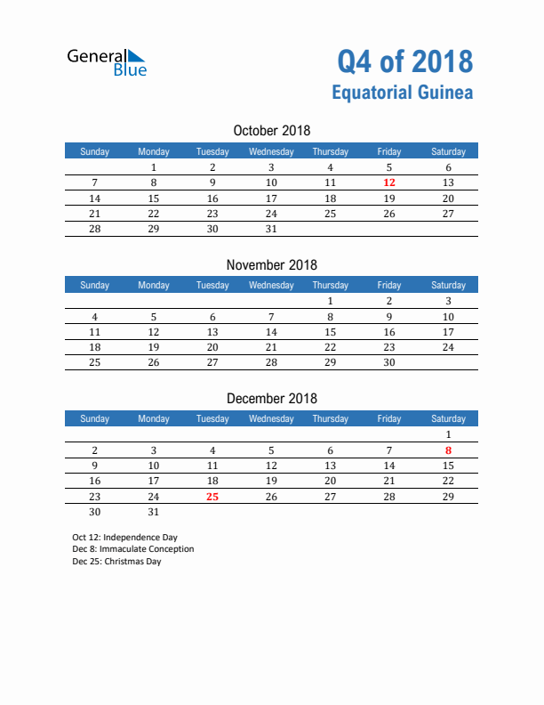 Equatorial Guinea 2018 Quarterly Calendar with Sunday Start