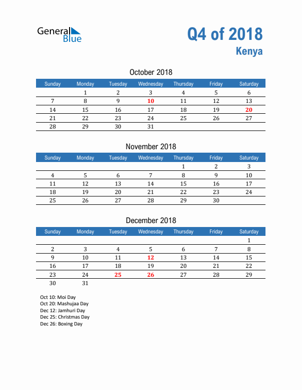 Kenya 2018 Quarterly Calendar with Sunday Start