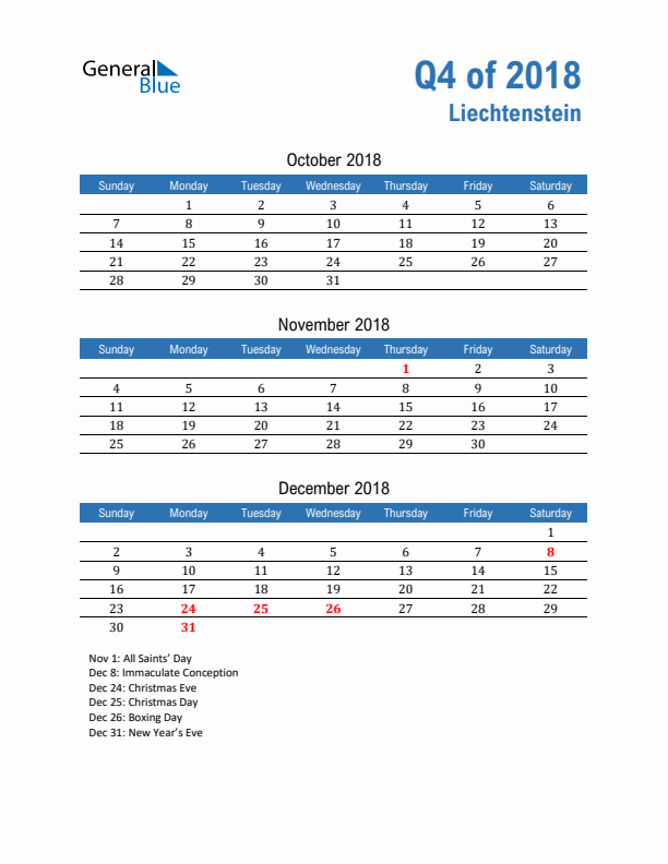 Liechtenstein 2018 Quarterly Calendar with Sunday Start