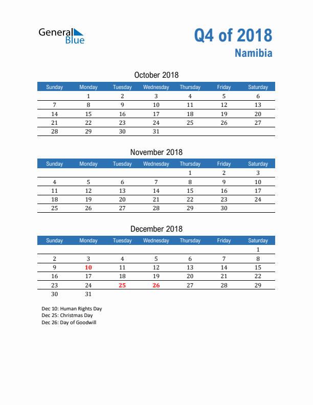Namibia 2018 Quarterly Calendar with Sunday Start